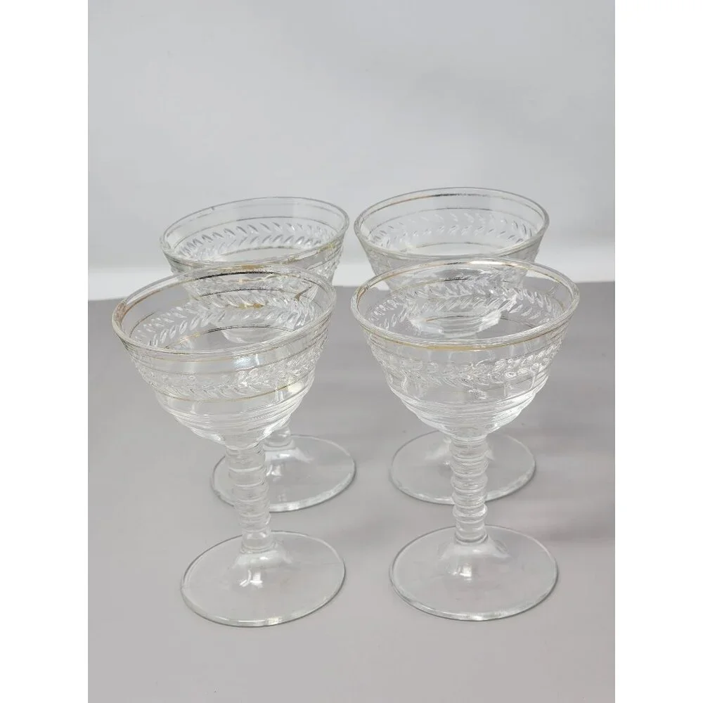 Set Of 4 Vintage Clear Glass Goblets With Gold Trim & Textured‎ Leaf Design